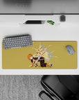 Zenitsu from Demon Slayer striking with lightning on a 32x12 inch anime mouse pad; yellow haori on a golden background.