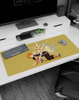 Anime desk pad 36x16 inches featuring Zenitsu from Demon Slayer, crouched mid-strike with lightning on a golden background.