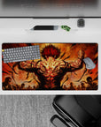 32x16 inches anime mouse pad in fiery orange and black, loud explosive energy, scarlet muscles blazing.