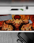 36x16 inches anime desk pad in smoky orange and black, fiery muscle glow, loud high-energy battle mood.