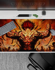 40x20 inches anime desk pad in smoky orange and black, loud high-heat mood with red-haired power vibe.