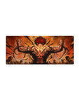 28x12 inches anime mouse pad with raging fighter back view, flexed arms, fiery arena scene and crowd.