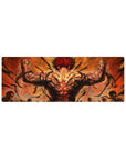 32x12 inches anime mouse pad with raging fighter back view, flexed arms, arena silhouettes, cracked sky.