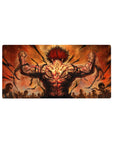 32x16 inches anime mouse pad with raging fighter back view, flexed arms, arena silhouettes, cracked sky.