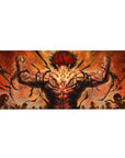 36x16 inches anime desk pad with raging fighter, wild red hair, arena silhouettes, and crackling backdrop.