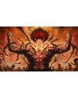 40x20 inches anime desk pad with raging fighter, cracked sky, arena silhouettes, and fiery muscle detail.