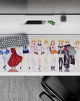 36x16 inches anime desk pad with soft blonde, violet accents, clean white backdrop, glossy floor, cute shy vibe.