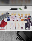 Soft blonde hair, violet eyes, bright outfits on white backdrop, dreamy cute desk pad 40x20 inches.