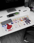 36x16 inches anime girl desk pad showing Charlotte Dunois in multiple costumes on a bright white stage with shine.