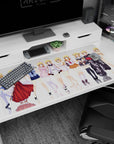 Charlotte Dunois anime girl poses on glossy mirrored floor, maid and police looks, desk pad 40x20 inches.