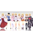 Charlotte Dunois outfit lineup anime girl desk pad, maid to nurse and yukata, 40x20 inches.
