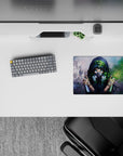 Moody gray-and-green 14x10 inches anime mouse pad with neon-blue eyes, soft mist, and calming rebel vibe.