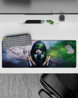 Moody gray-and-green anime desk mat 32x12 inches with neon blue eyes, soft mist, and calming rebel vibe.