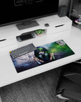 28x12 inches mouse pad featuring masked anime girl with neon-blue eyes, respirator, flowers, and doves.