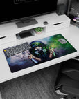 Masked anime girl with leafy crown and neon blue eyes on 32x16 inches desk mouse pad, doves overhead.