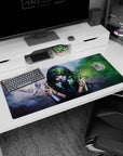 Masked anime girl desk pad 36x16 inches with leafy crown, neon-blue eyes, doves, and gray mist.