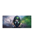 28x12 inches anime girl mouse pad with misty clouds, flying doves, neon eyes, and leafy crown design.