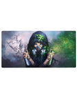 Anime girl mouse pad 32x16 inches with misty clouds, flying doves, and green paint-splash background.