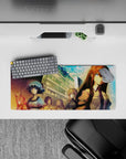 Teal sky and warm sunset haze anime mouse pad 28x12 inches with calm violet mood and sharp city silhouettes.