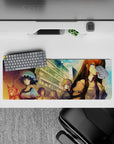 32x12 inches anime mouse pad in teal dusk sky and warm sunset haze, calm violet-eyed sci-fi mood.