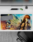 Teal sky and warm sunset haze on anime mouse pad 32x16 inches, calm violet-eyed mood scene.