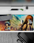 36x16 inches anime desk pad in teal dusk sky and warm sunset haze, calm tense mood, rich print.