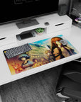 Copper-haired scientist in crisp shirt and dark tie on anime mouse pad 32x16 inches, lab street backdrop.
