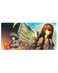 Steins;Gate anime mouse pad 32x16 inches with dusk lab street, tall building, and group of friends.