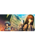 Steins;Gate anime desk pad 36x16 inches with lab street skyline, tall building, and group cast scene.