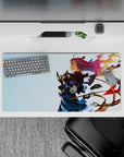 Calm sky-blue anime girl mouse pad 32x16 inches with violet hair, gold ribbons, cozy dreamy vibe.