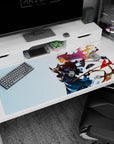 Violet Evergarden desk pad 40x20 inches showing her hands clasped, ready to write, on a pale blue scene.