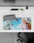 28x12 inches anime girl mouse pad in airy sky blues and soft lavender whites, dreamy night-ready desk aesthetic.