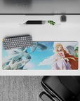 32x12 inches anime girl mouse pad in airy sky blues and soft lavender whites, dreamy bright desk aesthetic.