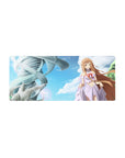 28x12 inches anime girl mouse pad with Asuna floating above a city, sky-blue clouds and silver spiral tower.