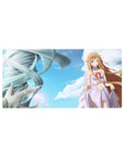 32x16 inches anime girl mouse pad with Asuna floating over city shapes and sky-blue clouds, spiral tower.
