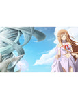 Anime girl desk pad 40x20 inches with Asuna floating above city shapes and spiral silver tower.