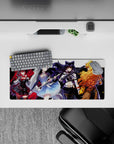 Vibrant red, icy blue, midnight black, and golden tones anime girl mouse pad 28x12 inches.