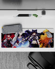 Cinematic red, icy blue, midnight black, and golden sunset tones on anime girl mouse pad 32x12 inches.