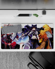 Cinematic anime girl mouse pad 32x16 inches in bold reds, icy blues, midnight blacks, and sunset golds.