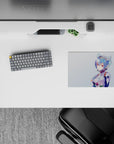 14x10 inches mouse pad featuring a cybernetic beauty with metallic-blue hair, crimson eyes, and sleek bodysuit details against a soft gradient.
