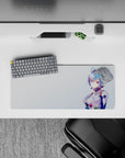 28x12 inches mouse pad with a cybernetic beauty, featuring shimmering crimson eyes, metallic-blue hair, and sleek bodysuit details.