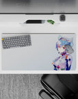 32x16 inches mouse pad with a cybernetic beauty, crimson eyes, metallic-blue hair, and sleek bodysuit details against a soft gradient background.