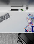 40x20 inches mouse pad showcasing a cybernetic-inspired beauty with shimmering crimson eyes, metallic-blue hair, and sleek bodysuit details.