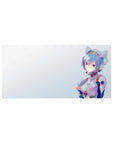 Mouse pad featuring a cybernetic-inspired beauty with crimson eyes and metallic-blue hair, 32x16 inches, on a soft, futuristic gradient backdrop.