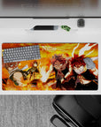 32x16 inches anime mouse pad in fiery orange skies and glowing embers, intense heat and sharp shadow contrast.