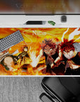 Fiery orange sky and glowing embers anime desk pad 40x20 inches, intense heat vibe and sharp shadows.