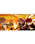 Fairy Tail anime desk pad 36x16 inches with Natsu in four action poses, flames and orange sky backdrop.
