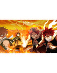 Fairy Tail anime desk pad 40x20 inches with Natsu in four action poses, flames, scarf, and bold layout.