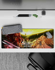 Gold spell circle sky glow on anime mouse pad 32x12 inches, warm light, sharp contrast, vivid art.