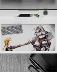 32x16 inches anime mouse pad in soft whites and misty grays, polished silver shine, red emblem accent, calm mood.